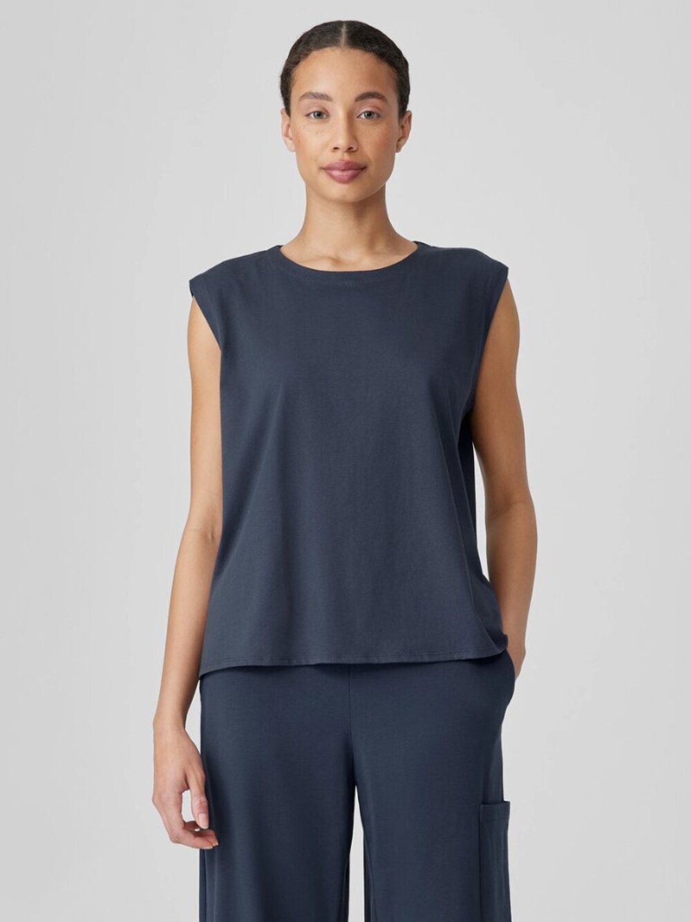 Eileen Fisher Womens Organic Pima Cotton Jersey Round Neck Tank Blue Gray Boxy